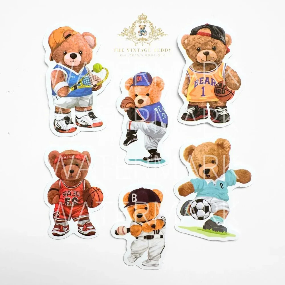 NEW Cute Kids Custom Teddy Bear Characters Kiss Cut Stickers Set of 6 Sports - Picture 2 of 2